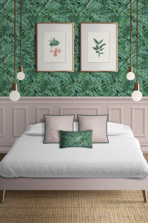 COJIN-ESTAMPADO-tropical-selva-verde-platanera-helechos-HABITACION-verde