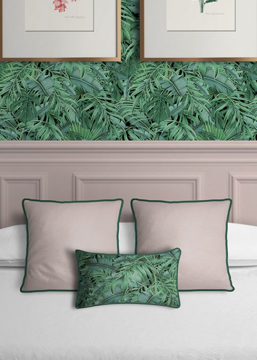 COJIN-ESTAMPADO-tropical-selva-verde-platanera-helechos-HABITACION-verde-detalle